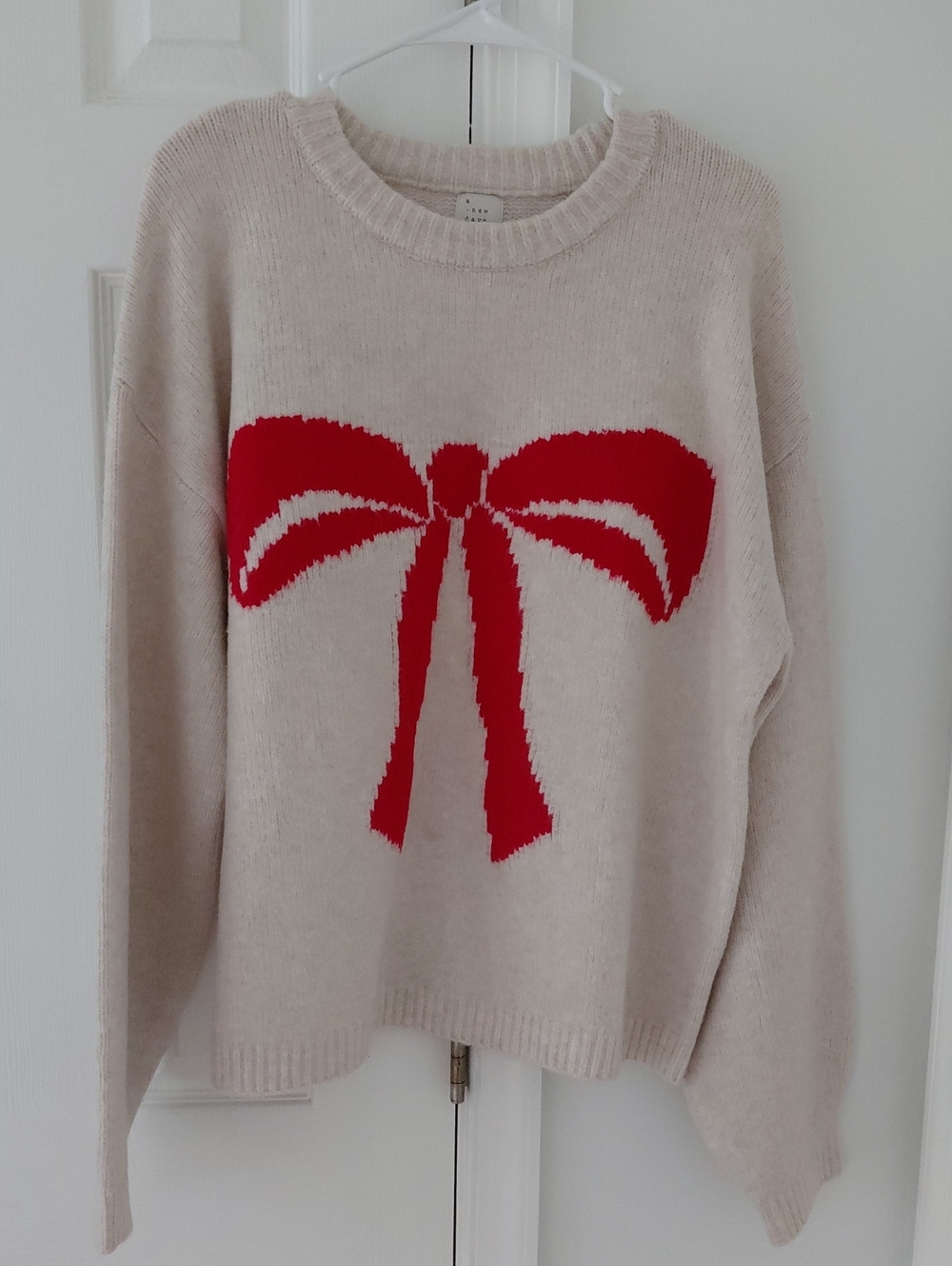 a new day Cream Crewneck Sweater with Red Bow Intarsia